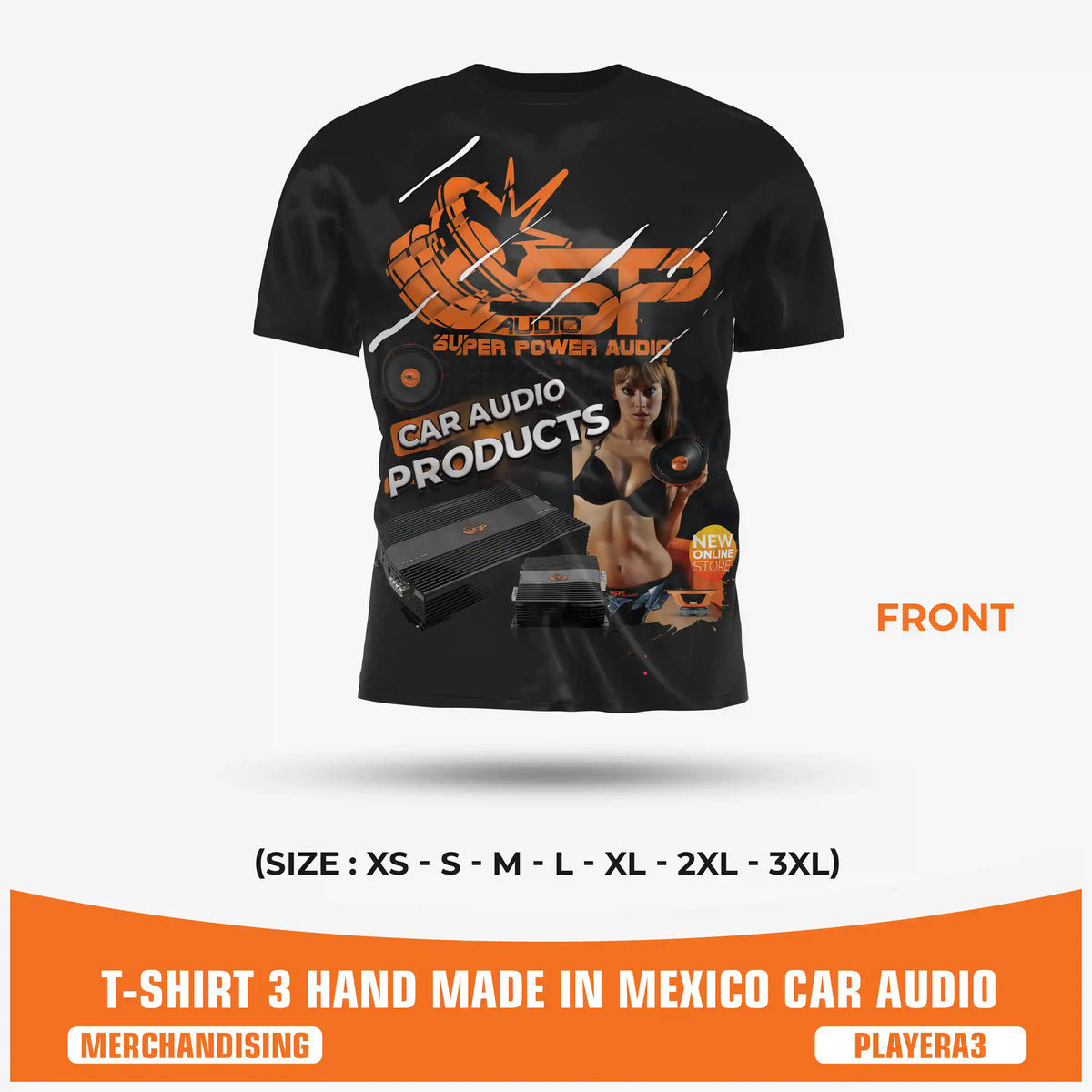 SPAUDIO T-SHIRT 3 camiseta car audio negra con estampado integral de subwoofer "Pump Up The Sound" – SP Audio – frente