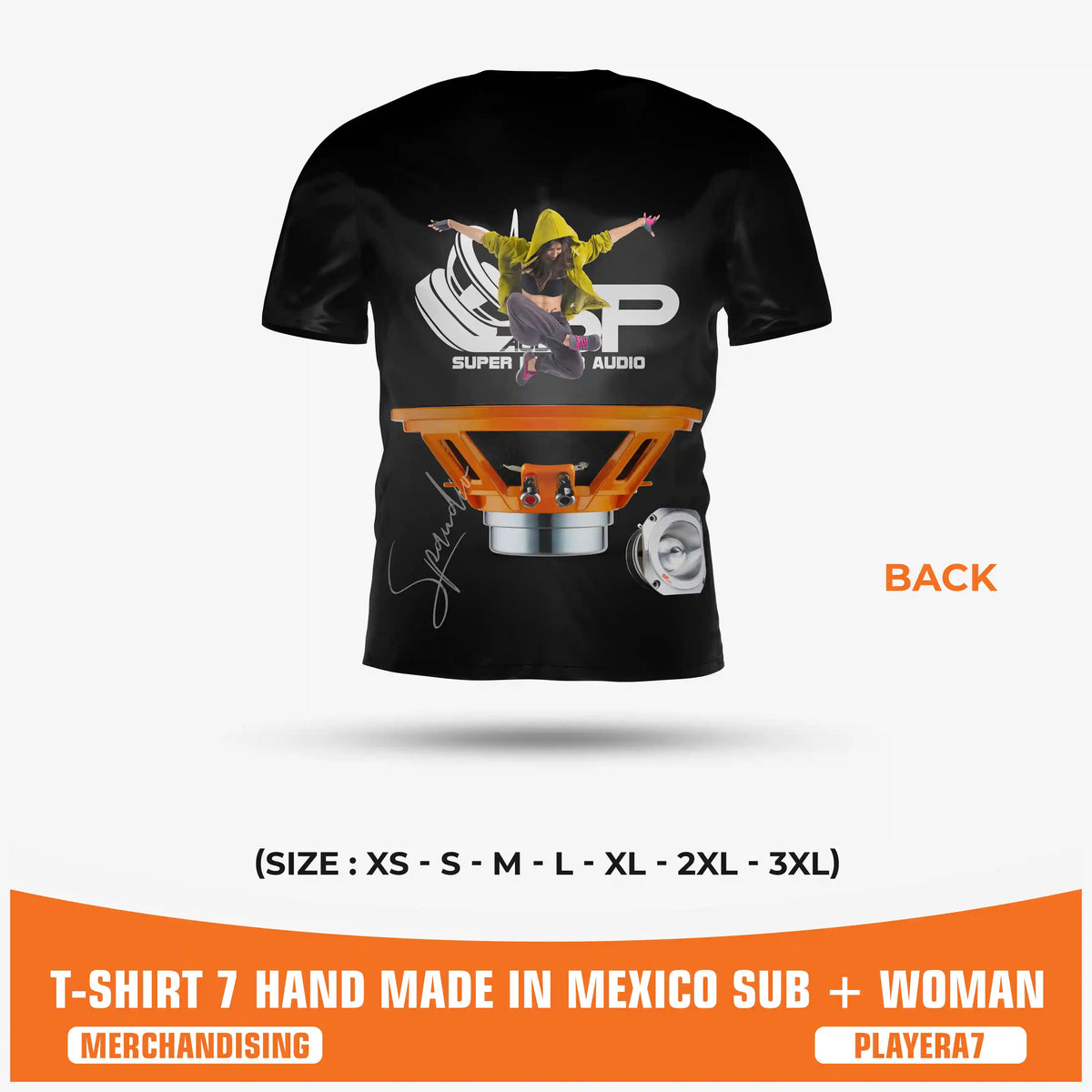 SPAUDIO T-SHIRT 7 camiseta car audio negra con estampado integral de subwoofer y mujer – SP Audio – espalda