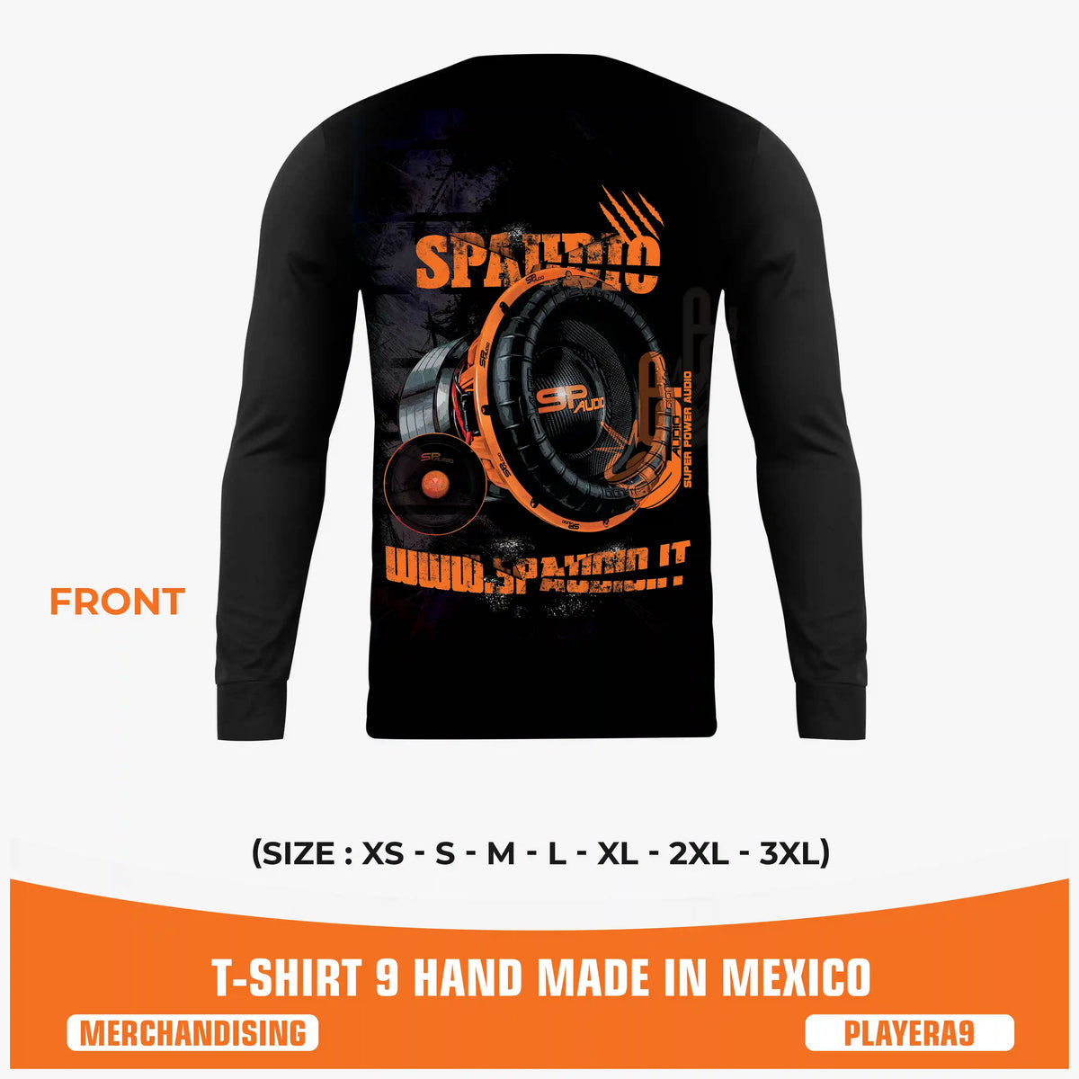 SPAUDIO T-SHIRT 9 camiseta car audio negra de manga larga con estampado integral de subwoofer – SP Audio – frente