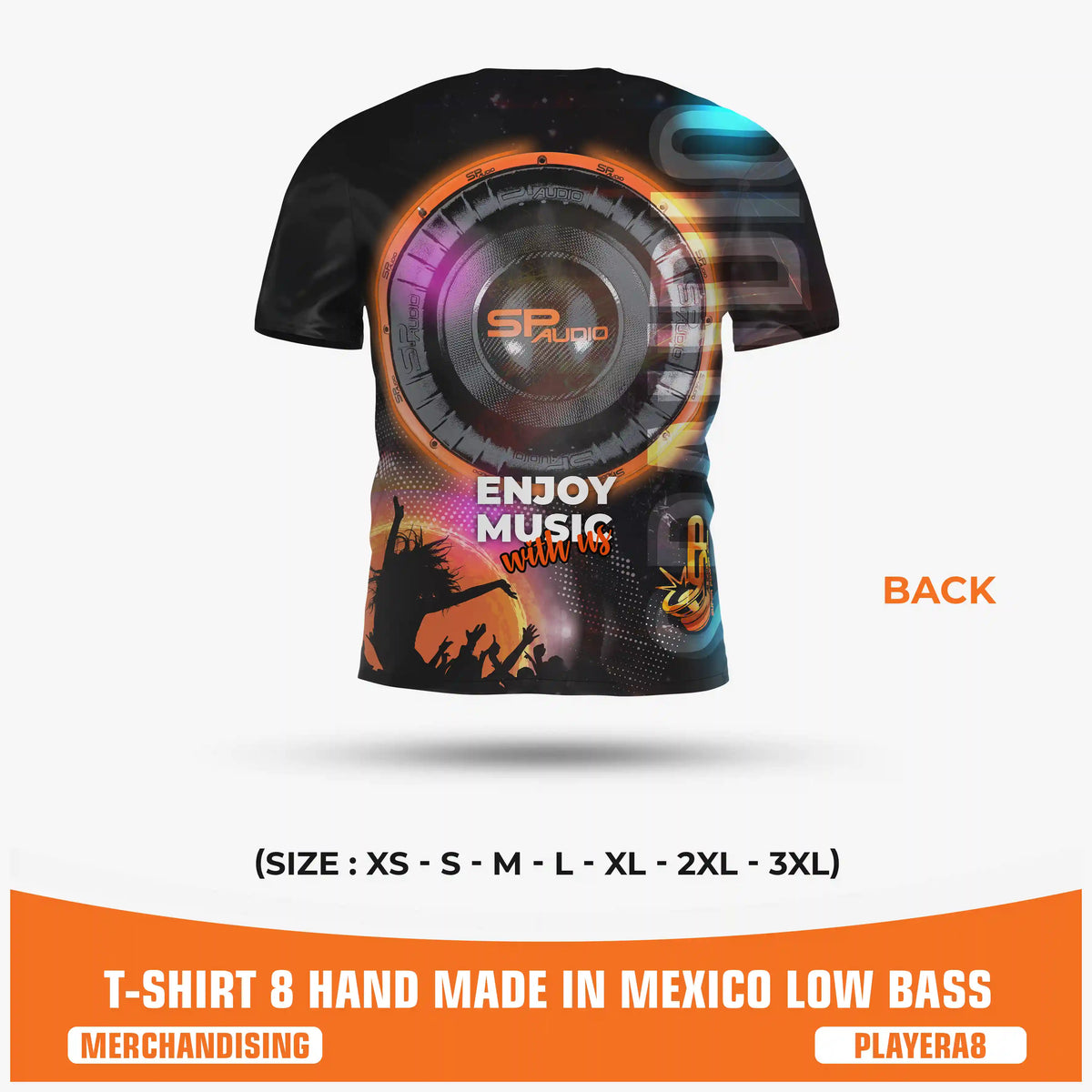 SPAUDIO T-SHIRT 8 camiseta car audio morada y negra con estampado integral de subwoofer "Low Bass" – SP Audio – espalda