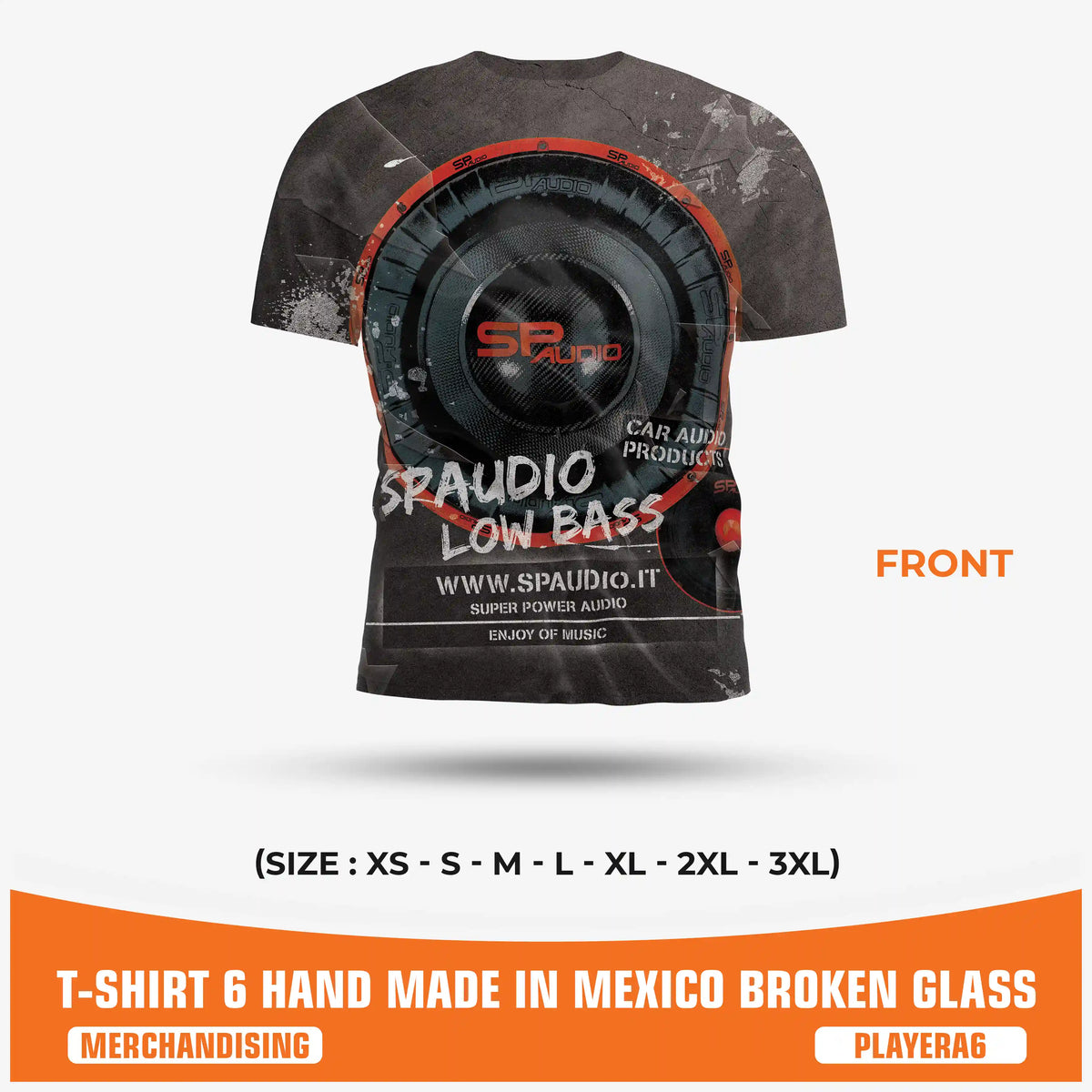 SPAUDIO T-SHIRT 6 camiseta car audio negra y gris con estampado integral de subwoofer "Broken Glass" – SP Audio – frente