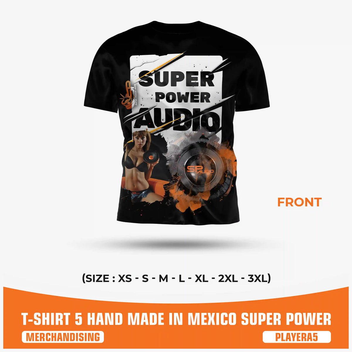 SPAUDIO T-SHIRT 5 camiseta car audio negra con estampado integral "Super Power Audio" – SP Audio – frente