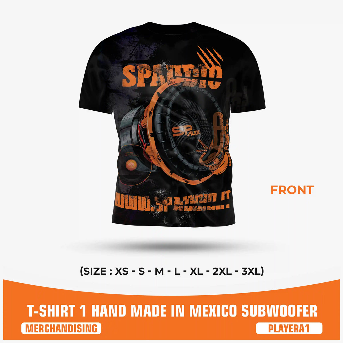 SPAUDIO T-SHIRT 1 camiseta car audio negra con estampado integral de subwoofer – SP Audio – frente