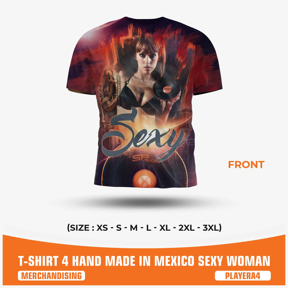 SPAUDIO T-SHIRT 4 camiseta car audio negra con estampado integral de mujer "Sexy" y "Low Bass" – SP Audio – frente