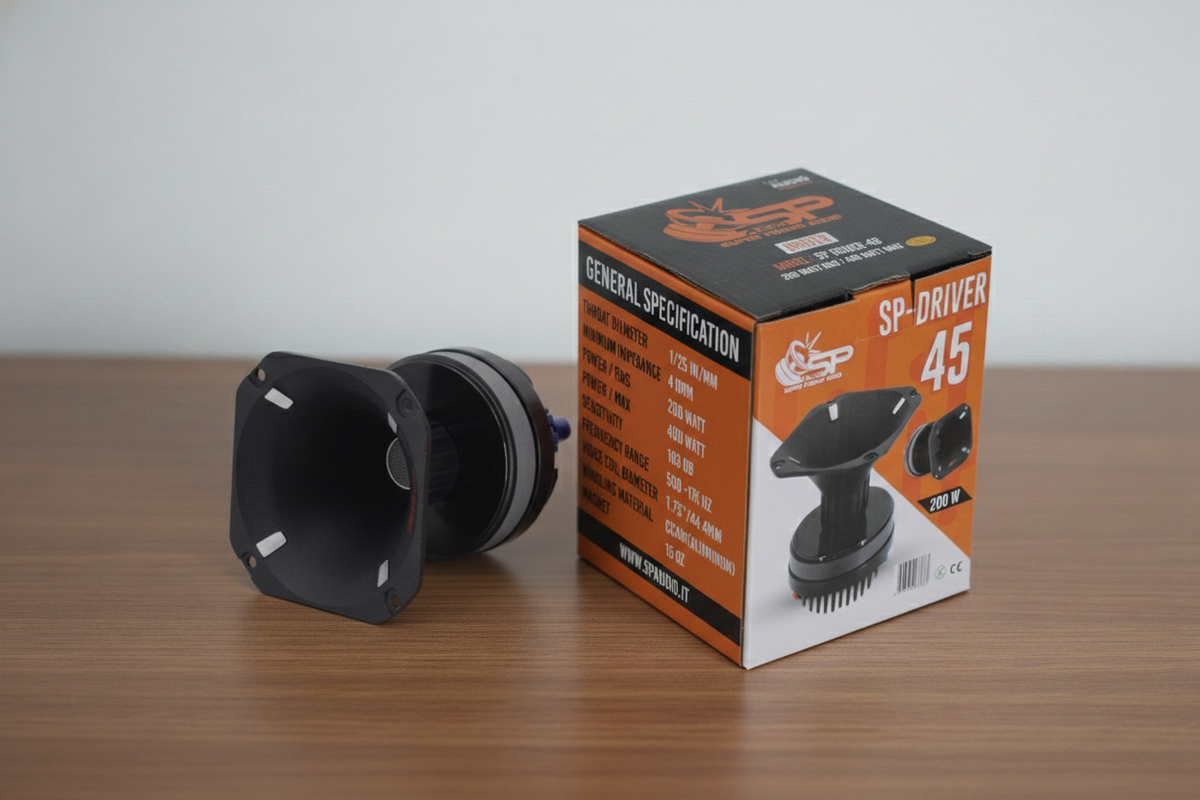 SP DRIVER 45 complete compression driver with horn next to its box