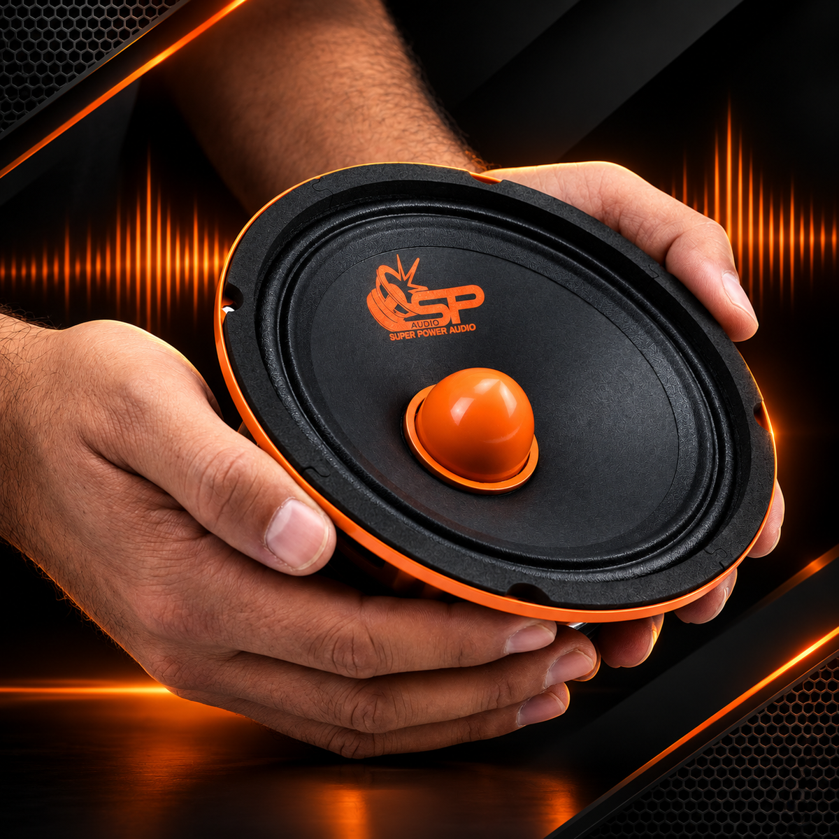 SP-EM 6.5 midrange held in two hands, orange bullet and SP Audio logo on the cone
